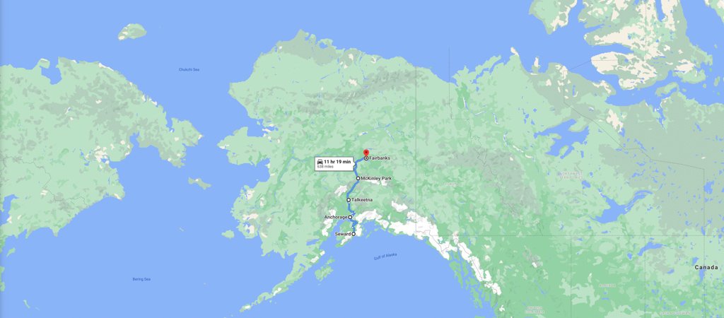 Anchorage to Fairbanks Map, Anchorage to Fairbanks road trip map, Alaska road trip map