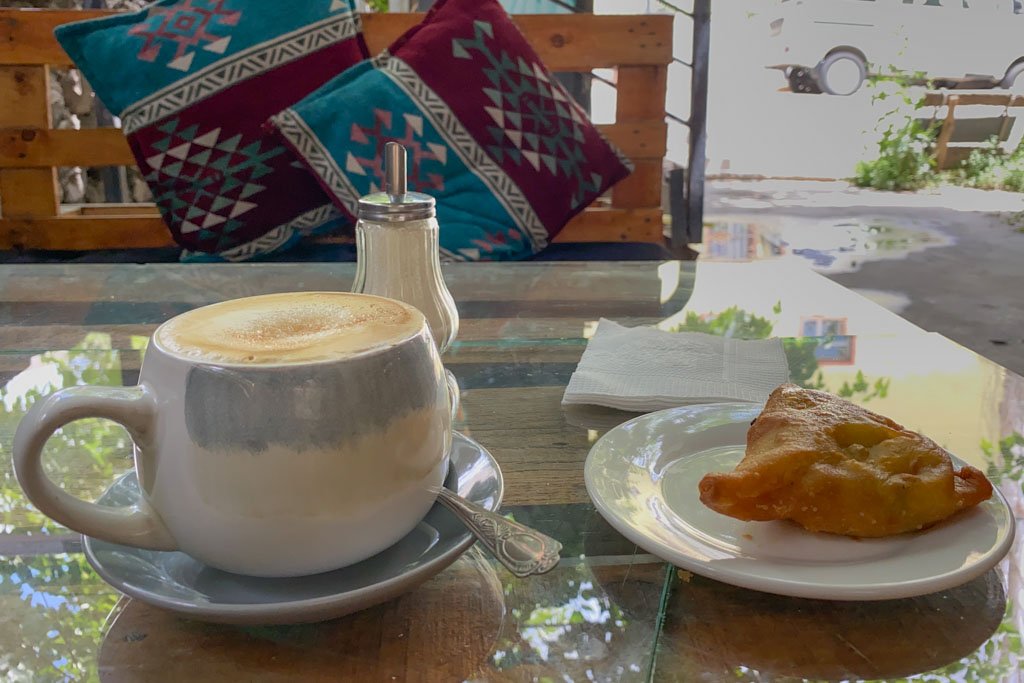 Cappuccino and sambusa at Cafe Luni, Khorog, Tajikistan
