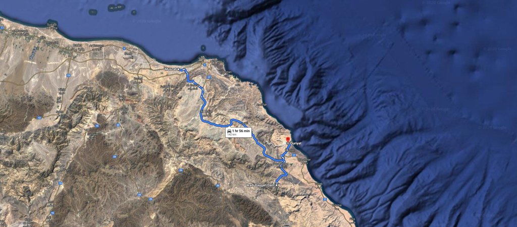 Muscat to Quriyat Map, 1 Week Oman Road Trip Map