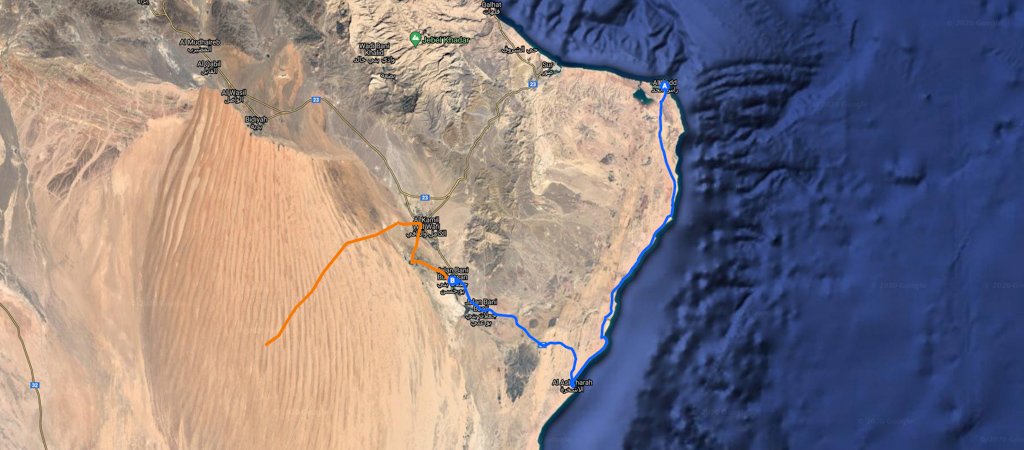 Ras al Hadd to Wahiba Map, 1 Week Oman Road Trip Map
