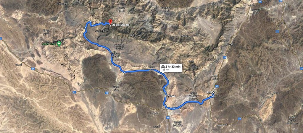 Izki to Jebel Shams map, 1 Week Oman Road Trip Map