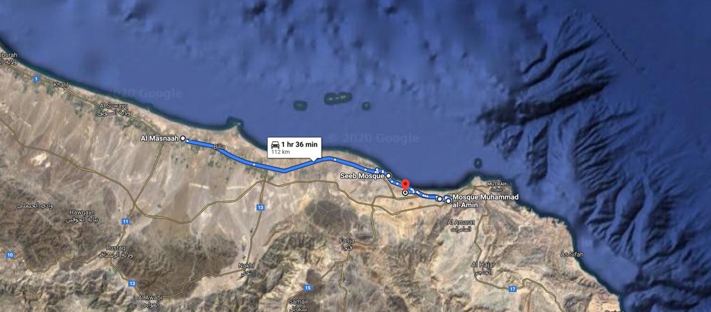 al Musnaah to Muscat map, 1 Week Oman Road Trip Map
