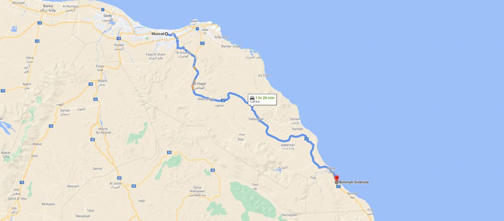 Muscat to Bimmah Sinkhole Map