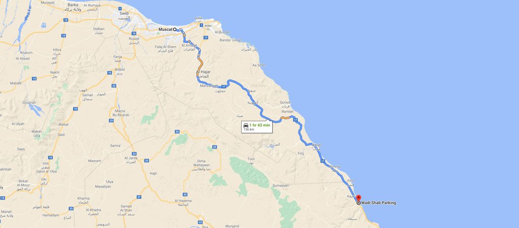 Muscat to Wadi Shab Map