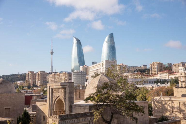 Palace of the Shirvanshahs, Baku Flame Towers, Icherisheher, Baku, Azerbaijan